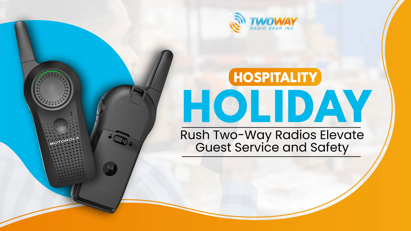 Hotel concierge coordinating holiday-rush guest services with a slim Motorola SL300 two-way radio at the front desk.