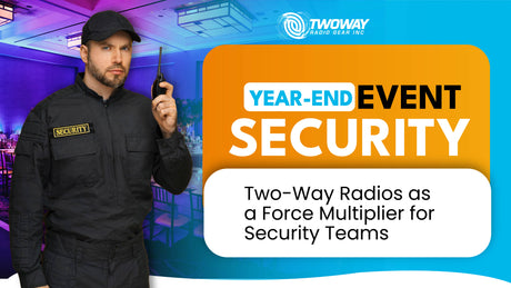 Professional security officer using a Motorola R2 two-way radio to coordinate crowd safety at a year-end gala.