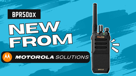 Motorola BPR50dX two-way radio featuring rugged design, USB-C charging, and noise cancellation, ideal for professional communication needs.