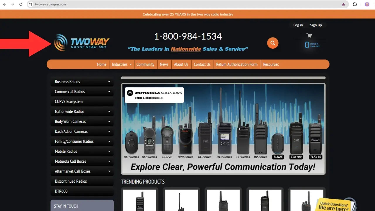Homepage of Two Way Radio Gear showcasing Motorola two-way radios, featuring a range of models for business and commercial use, emphasizing clear communication, durability, and reliability in various industries.