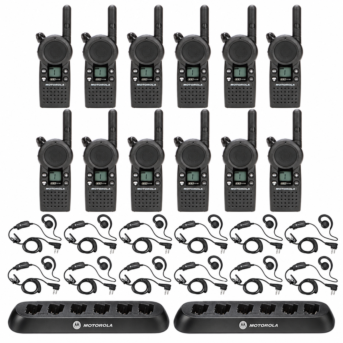 Twelve Motorola CLS1110 radios with twelve HKLN4604 headsets and two six-slot multi-unit chargers