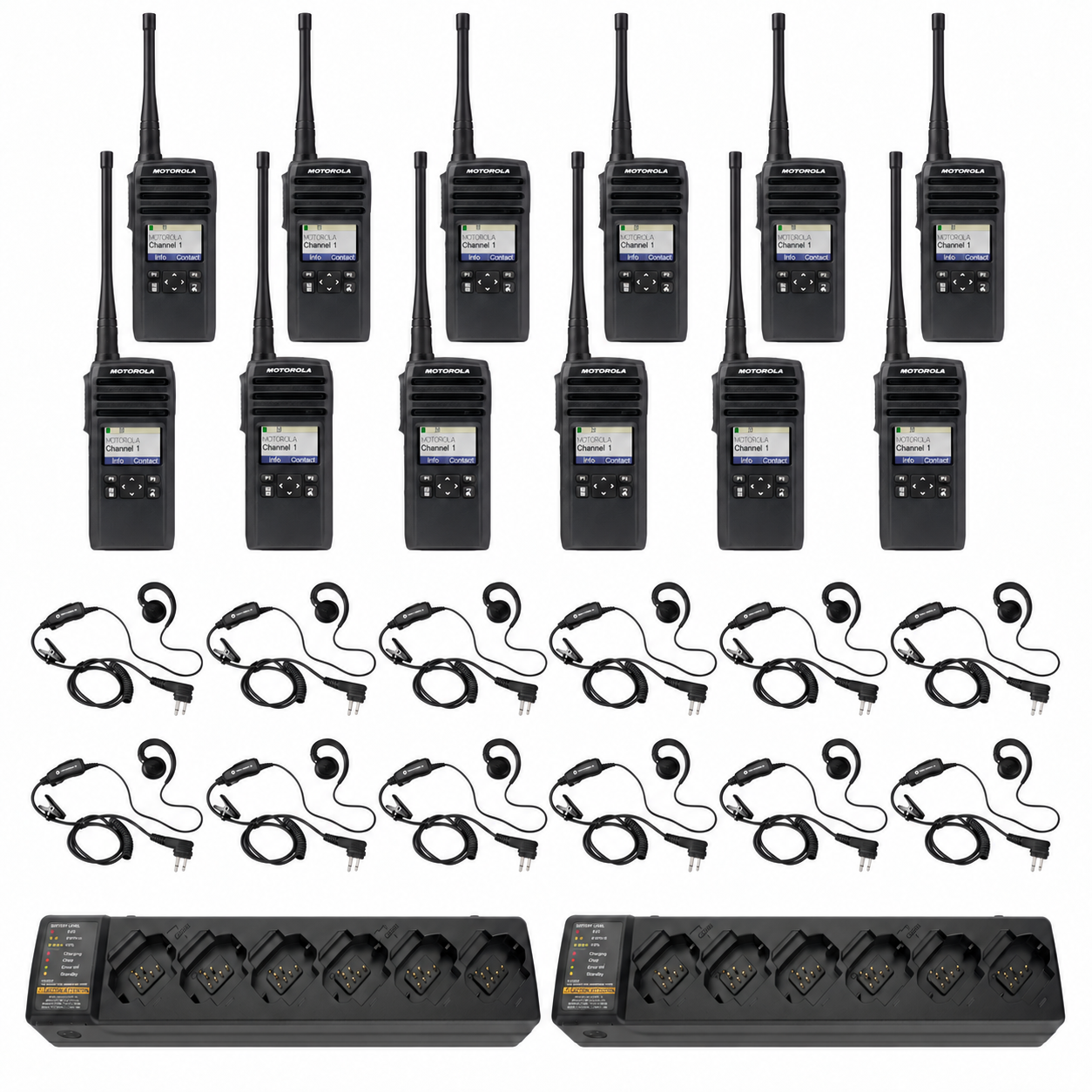 Twelve Motorola DTR700 radios with twelve HKLN4604 headsets and two six-slot PMPN4465 multi-unit chargers