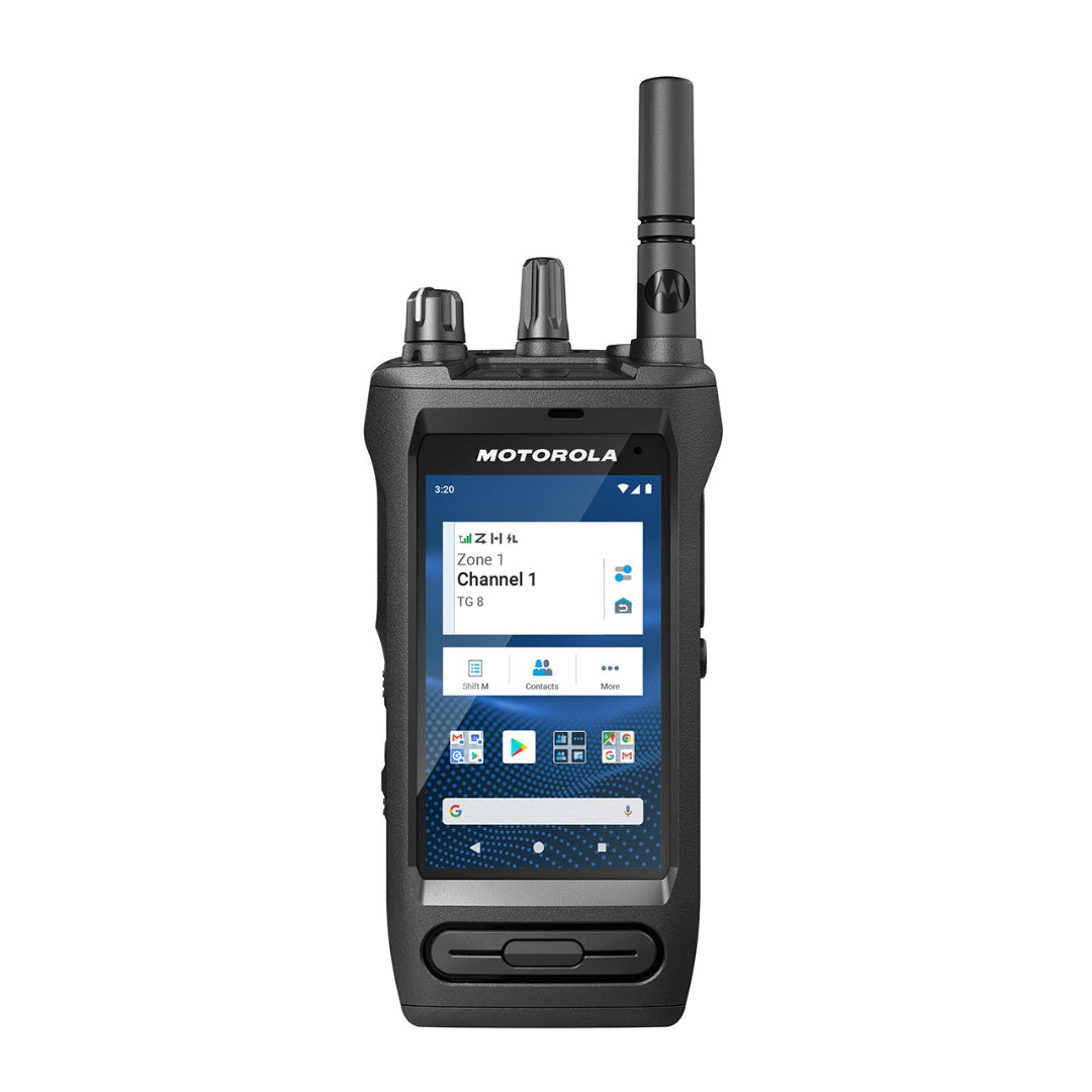 Front view of the rugged MOTOTRBO Ion smart radio, displaying its Android OS interface with Google Mobile Services and a mission-critical Push-to-Talk application.