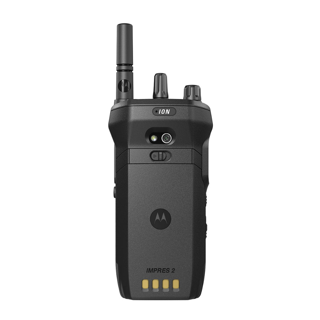 Rear view of the MOTOTRBO Ion highlighting the 13 MP camera for data capture, rear microphone, and the IMPRES 2 high-capacity battery with charge-level indicators.