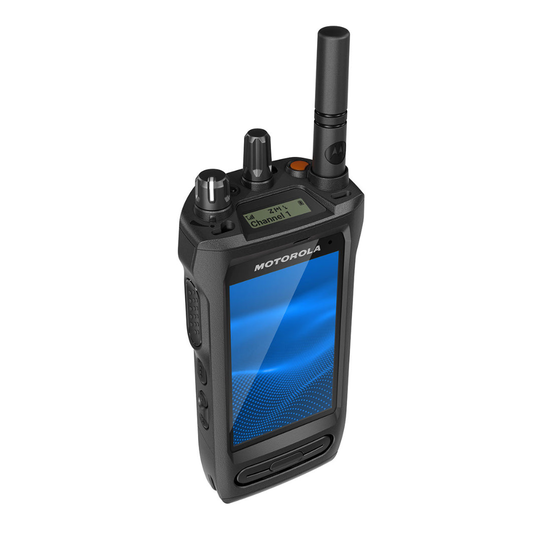 High-angle view of the MOTOTRBO Ion showcasing its durable construction, large Gorilla Glass touchscreen display, and prominent channel and volume knobs for reliable operation.