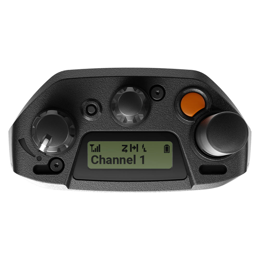 Top-down view of the MOTOTRBO Ion smart radio featuring its top display for at-a-glance status, dedicated channel/volume knobs, and an orange emergency button for worker safety.