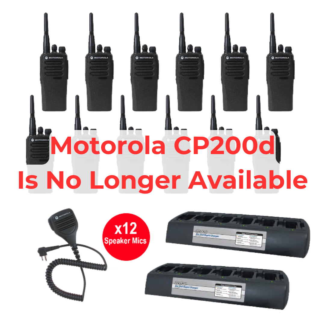 12 PACK MOTOROLA CP200D MOTOTRBO PORTABLE RADIO PLUS 2 ENDURA MULTI-UNIT CHARGERS PLUS 12 SPEAKERMICS