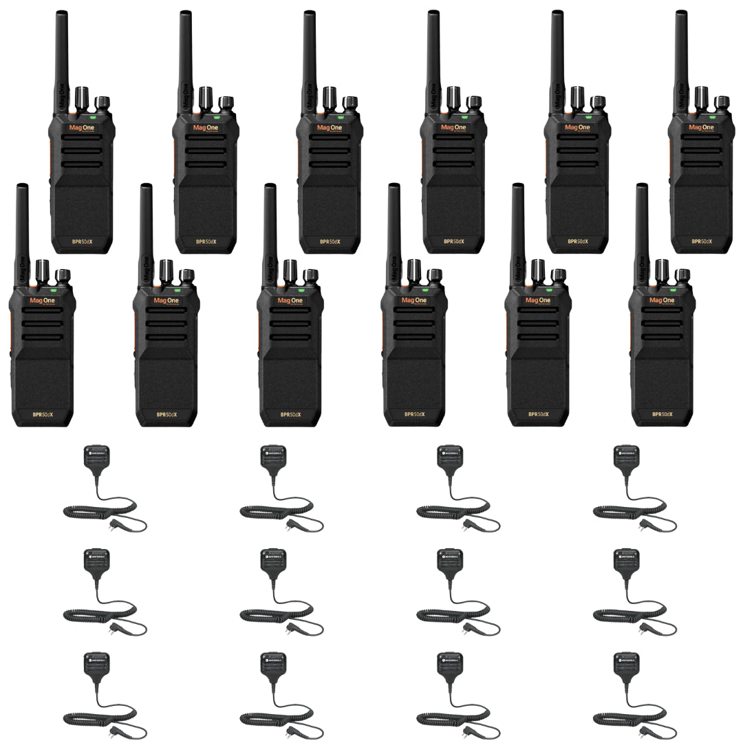 Image of the Motorola BPR50dx 12 Pack Bundle with HKLN4606 Speaker Microphones, showcasing twelve Motorola BPR50dx radios and twelve HKLN4606 remote speaker microphones for reliable and efficient communication. Designed for industries requiring rugged and professional-grade two-way communication solutions.