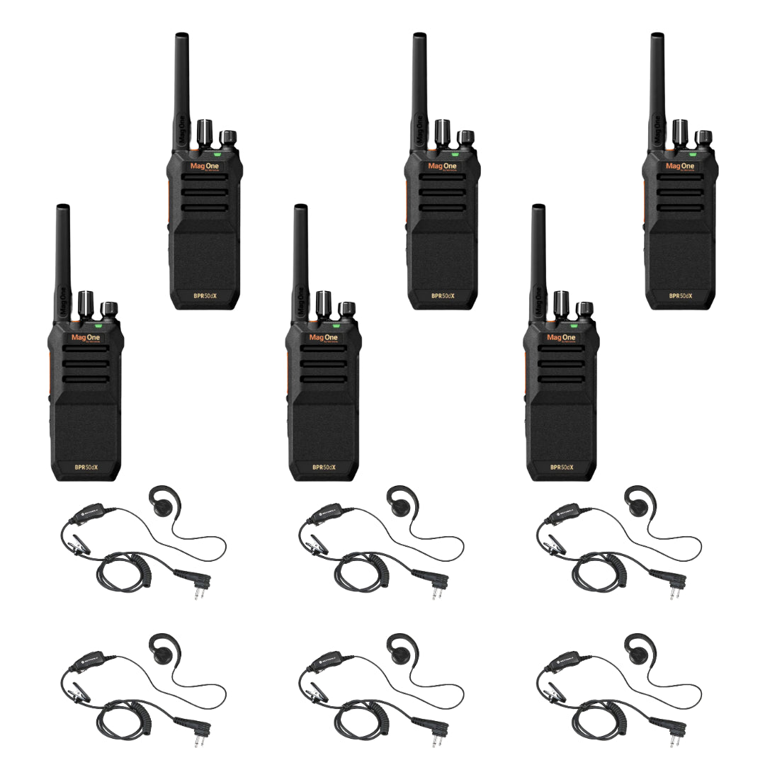 Image of the Motorola BPR50dx 6 Pack Bundle with HKLN4604 Headsets, featuring six Motorola BPR50dx radios and six HKLN4604 earpieces for hands-free communication. Ideal for industries requiring reliable, portable, and efficient two-way communication solutions.