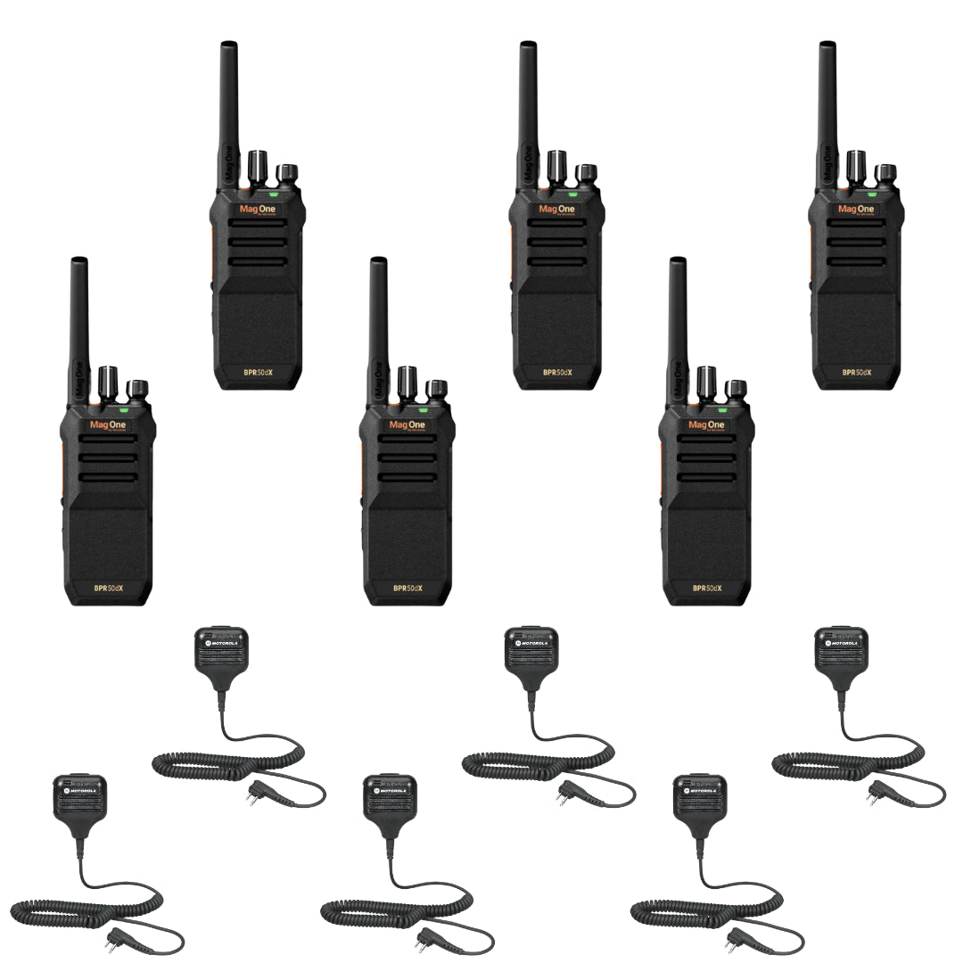 Image of the Motorola BPR50dx 6 Pack Bundle with HKLN4606 Speaker Microphones, showcasing six Motorola BPR50dx radios and six HKLN4606 remote speaker microphones for reliable and efficient communication. Designed for industries requiring rugged and professional-grade two-way communication solutions.