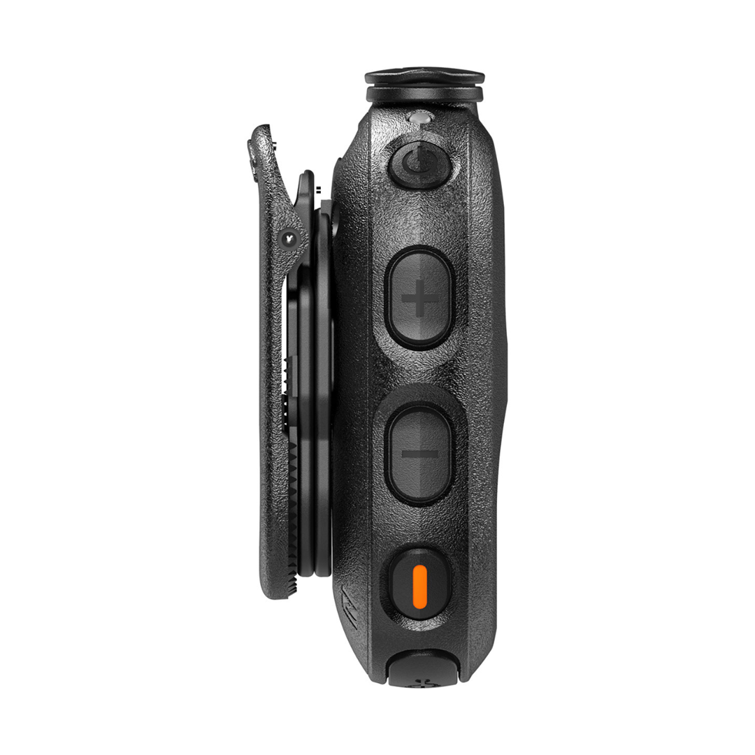 Side View of option buttons and clip. Black Motorola PMLN8298 - WP300 Wireless Bluetooth Control Pod with buttons on the front, for hands-free communication with Motorola two-way radios.
