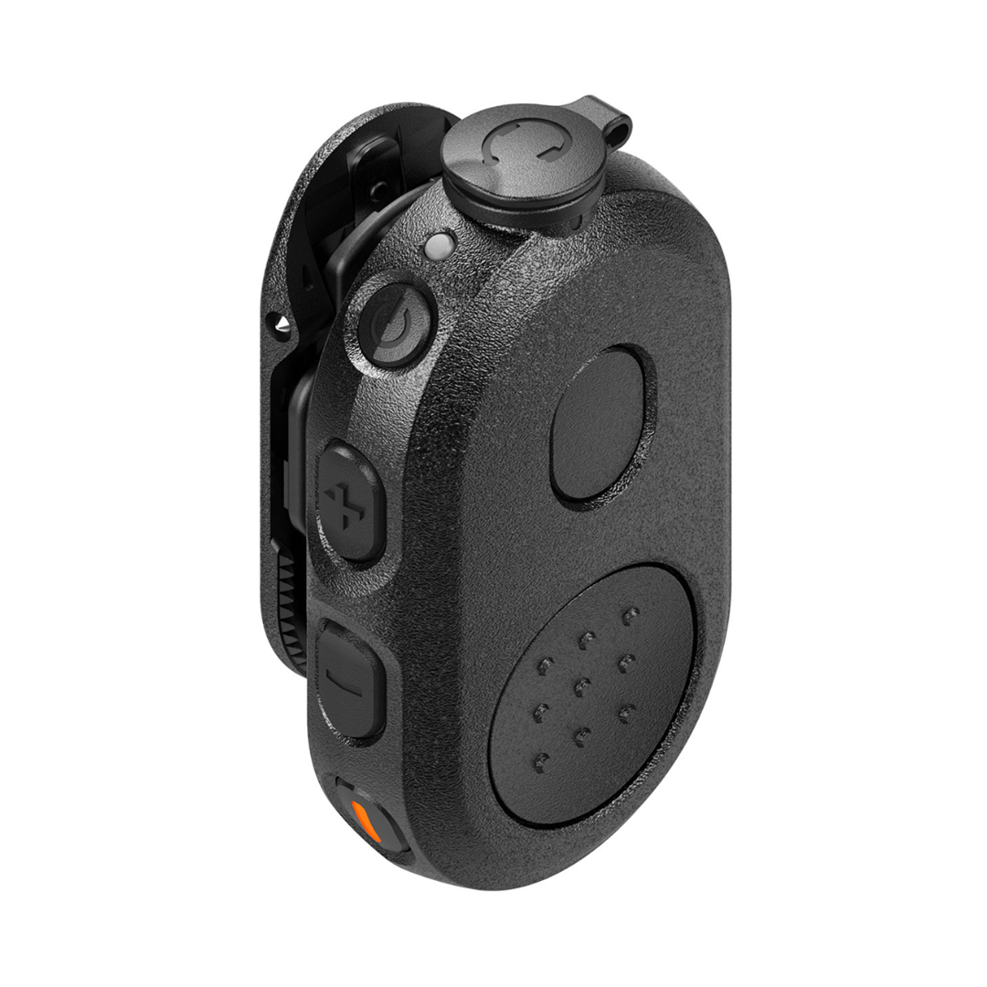 Top Diagonal view of Side buttons and Push-to-Talk Button Black Motorola PMLN8298 - WP300 Wireless Bluetooth Control Pod with buttons on the front, for hands-free communication with Motorola two-way radios.