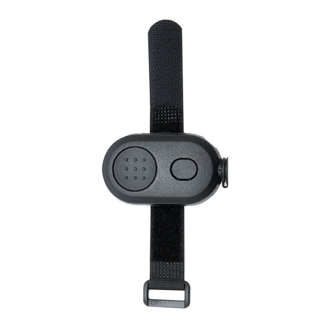Motorola PMLN8332 Vehicle Mount. Black plastic mount with adjustable arm and clip designed to hold a Motorola WP300 Wireless Bluetooth Control Pod for hands-free communication in a vehicle.