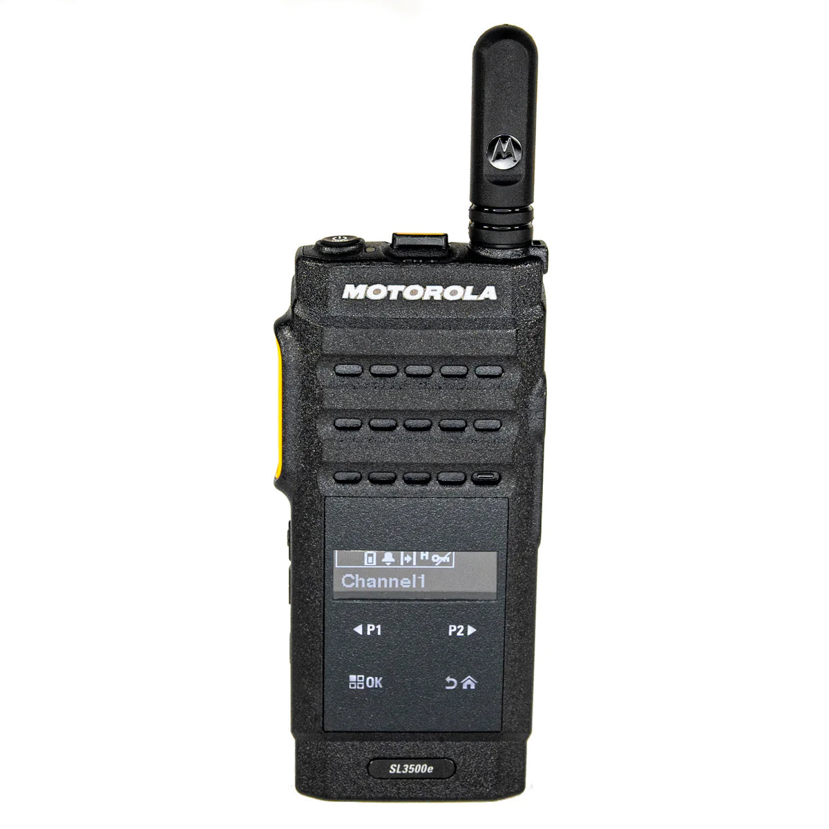 Motorola MOTOTRBO SL3500e DMR two‑way radio (black) front view with stubby antenna