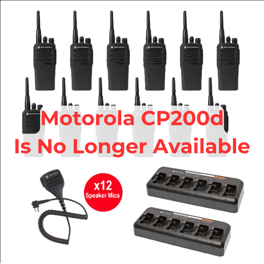 12 pack Motorola CP200d MotoTRBO Portable Radio plus 2 Motorola OEM multi unit chargers plus speaker microphones