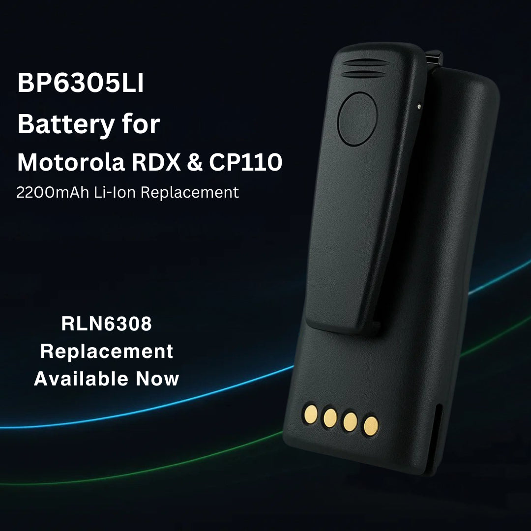 BP6305LI 2200 mAh Li-Ion replacement battery with built-in belt clip, engineered with Japanese cells for Motorola RDX Series (RDU2020/2080D/4100/4160D/RDV5100) and CP110 radios; promoted as a direct drop-in substitute for the OEM RLN6308 / RLN6308A ultra-high-capacity 2400 mAh pack.