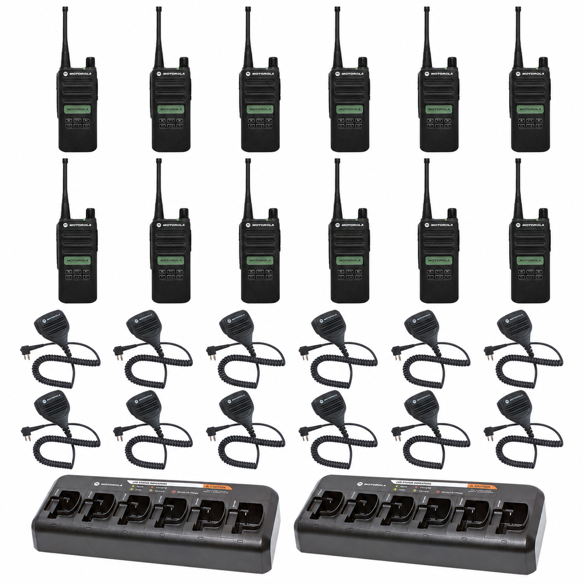 Motorola CP100D Limited-Display 12 Pack bundle with multi unit charger and Speaker Microphones; 12 radios, 12 matching audio accessories and 2 six-bay chargers