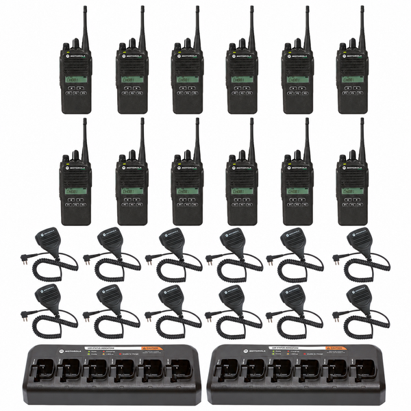 CP185 Motorola 12 Unit Bundle w/ 2 PMLN6597 Multi-Unit Chargers & 12 PMMN4013 Speaker Microphones