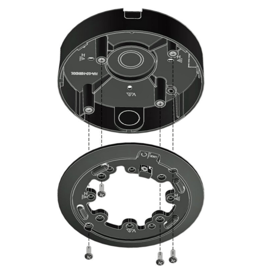 Exploded diagram of the HALO‑BACKBOX kit with back box, adapter ring, and screws for HALO 3C / 3C‑PC conduit/wiremold installs.