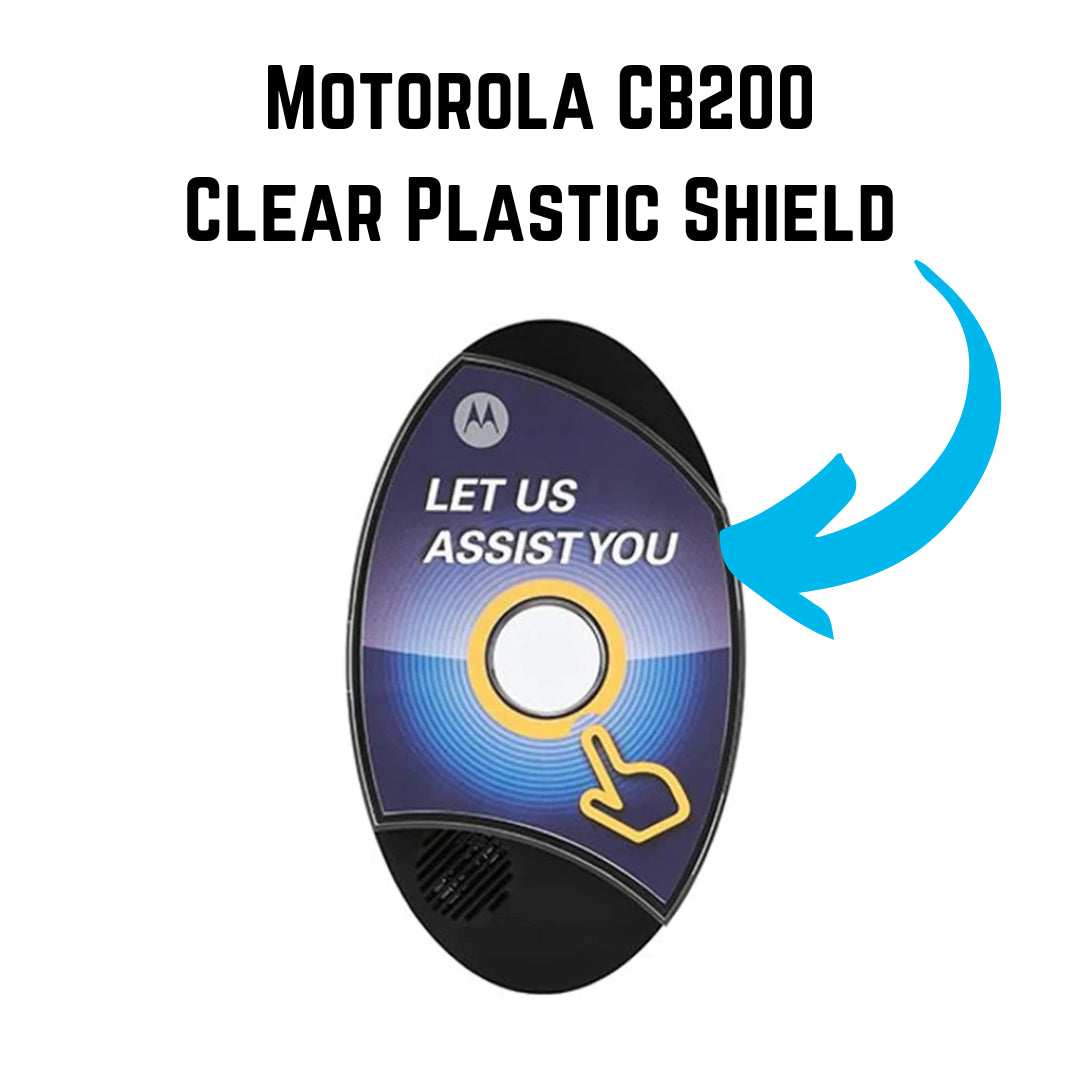 Motorola CB200 Clear Plastic Shield HW002373A01 installed on CB200 call box with 'Let Us Assist You' button and blue arrow pointing to protective cover