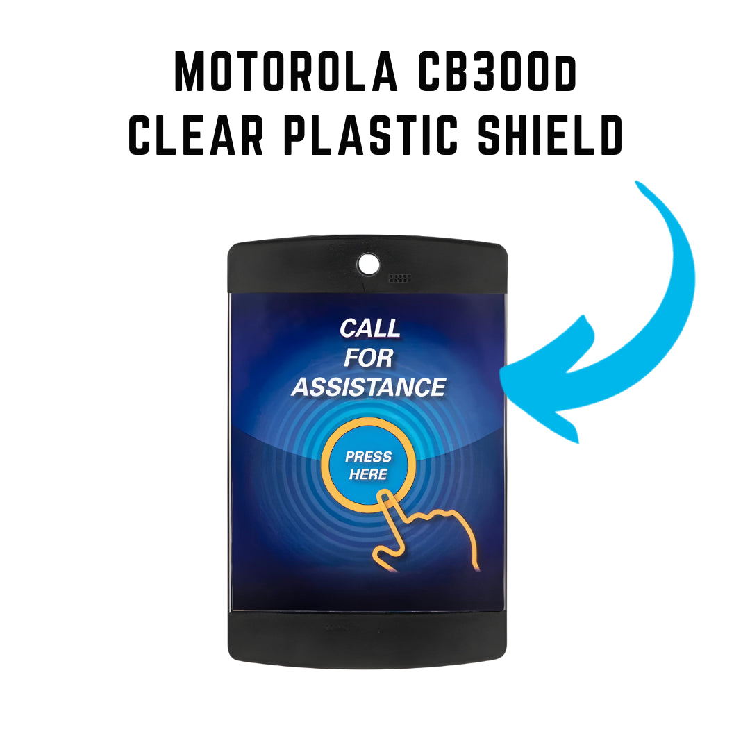 Motorola CB300D Clear Plastic Shield HW002374A01 installed on call box with "Call for Assistance" button and blue arrow highlighting protective cover.