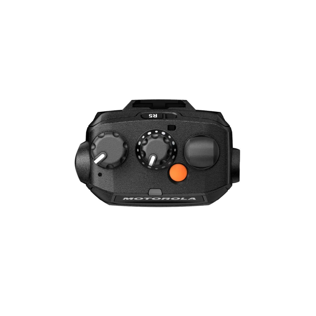 Top of Motorola R5 showing channel selector, volume knob, and orange emergency button