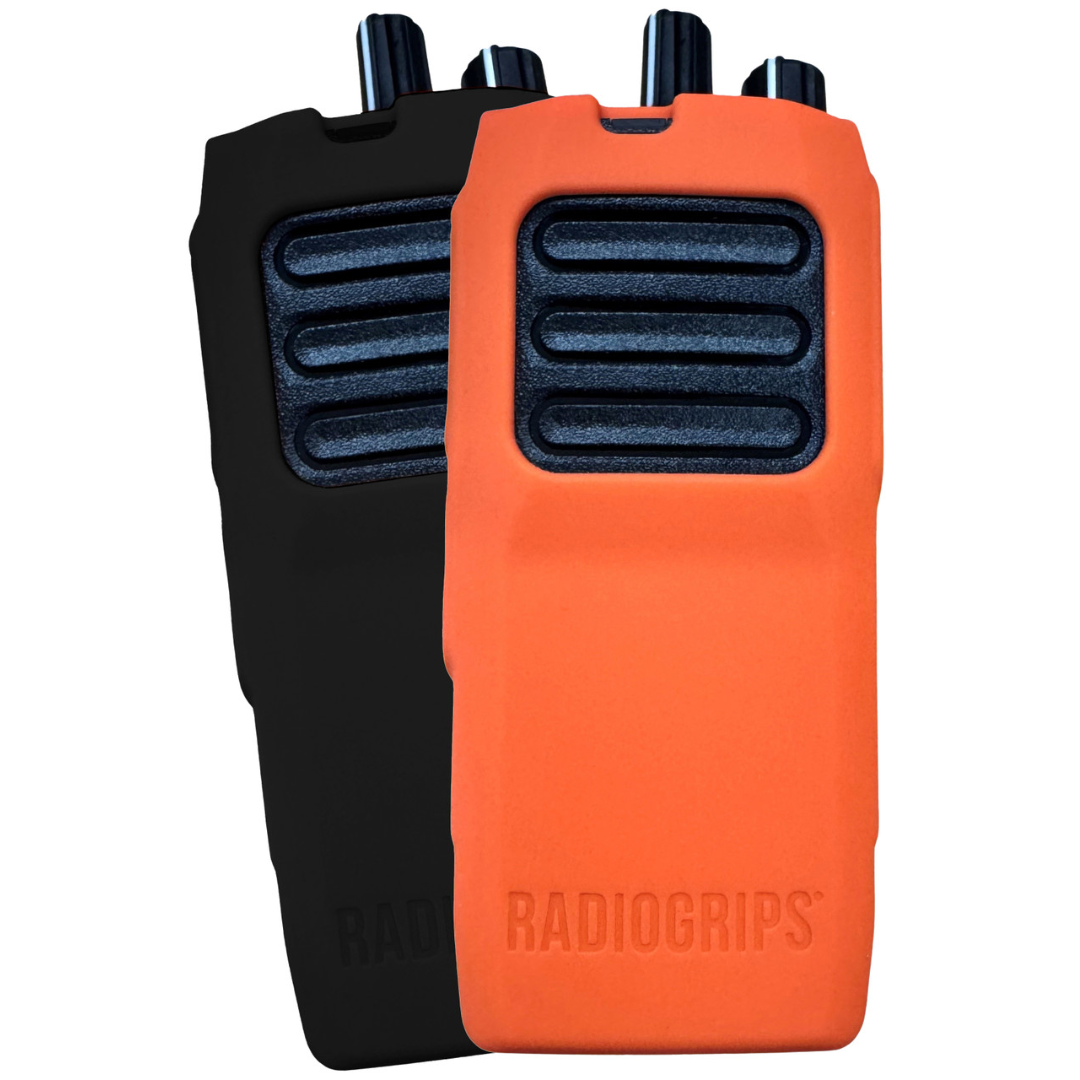 RadioGrips® Silicone Carry Case available in both black and orange colors for Motorola R2, offering tactical and high-visibility options.