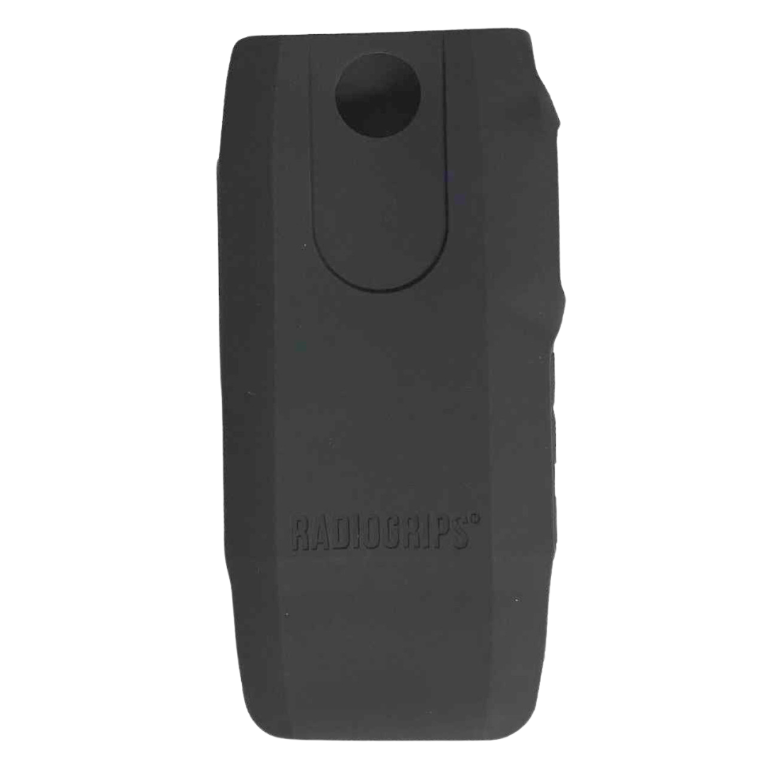 Back view of the RadioGrips® Black Silicone Carry Case for Motorola TLK100, showing reinforced protection and belt clip compatibility.