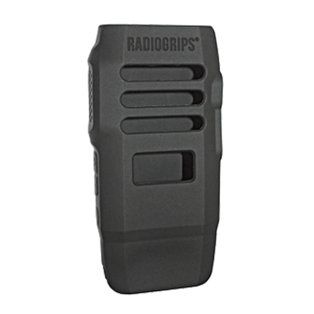 Front view of the RadioGrips® Black Silicone Carry Case designed for Motorola TLK100 radios, offering shockproof and non-slip protection.