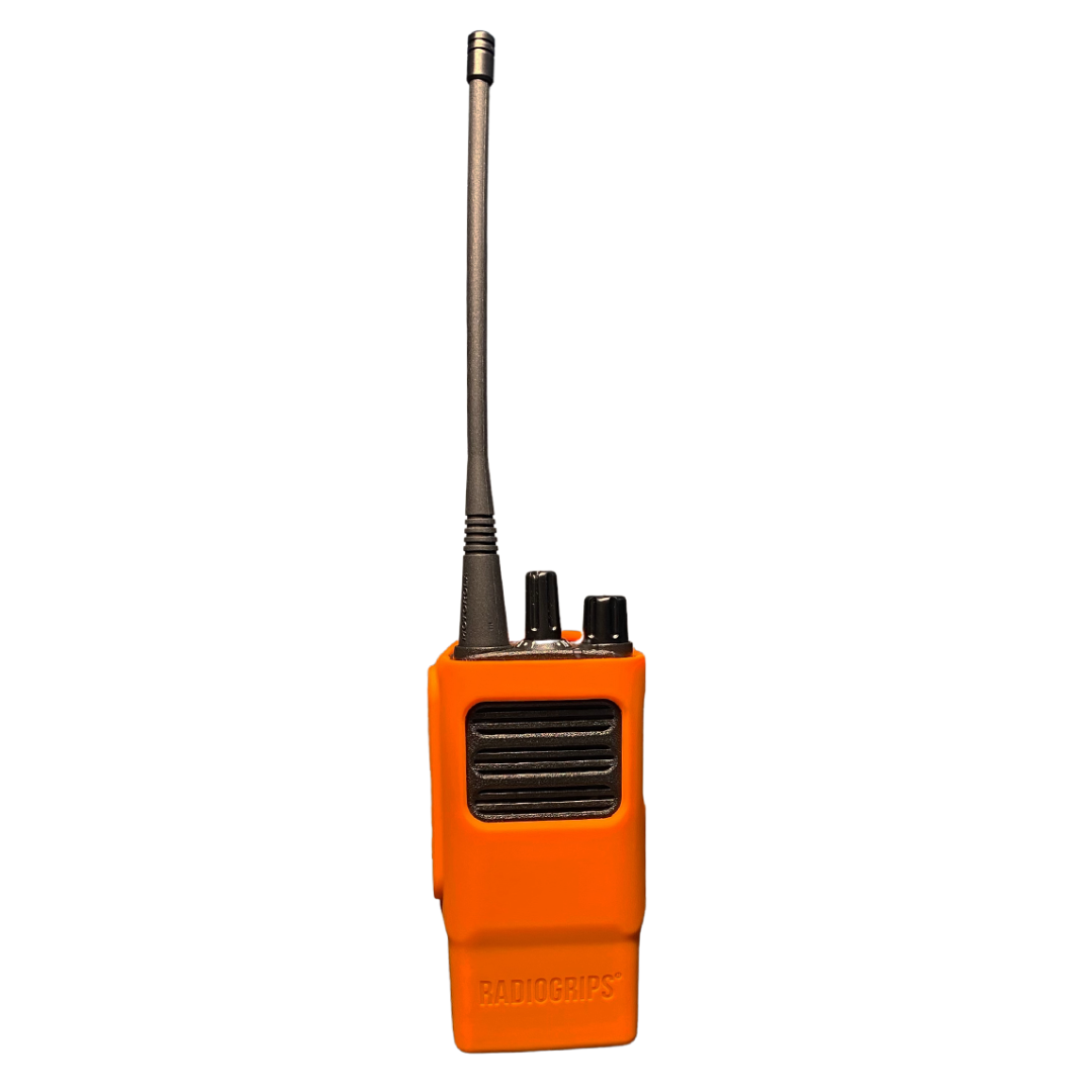 Orange RadioGrips® Silicone Carry Case on a Motorola CP100D radio, designed for durability, shockproof performance, and enhanced grip.