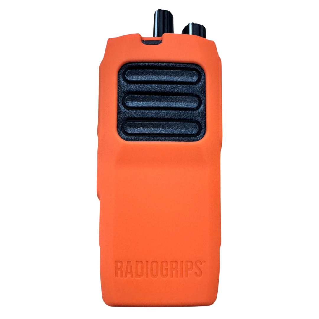 Front view of the RadioGrips® Orange Silicone Carry Case designed for Motorola R2 radios, providing shockproof and non-slip protection.