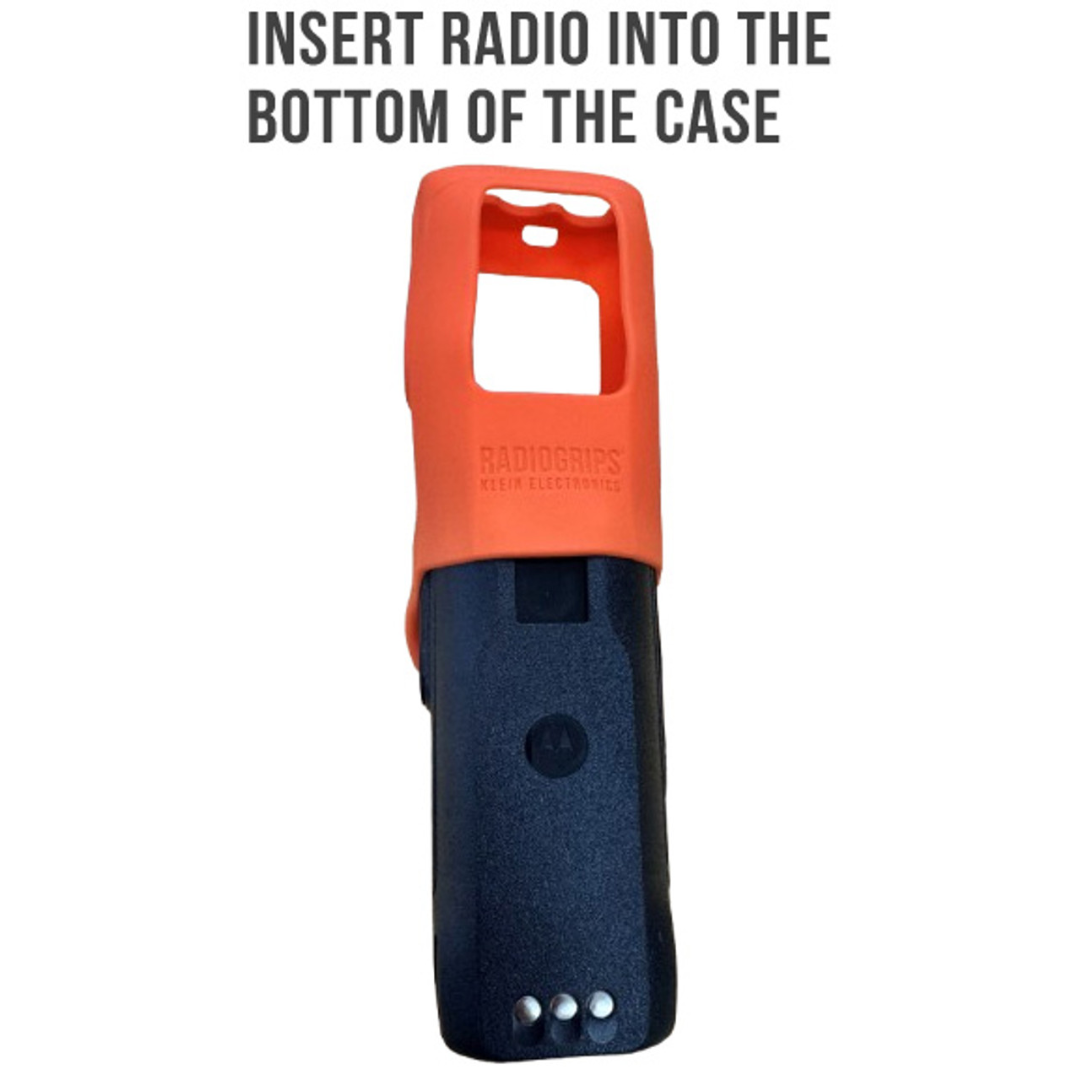 Step-by-step guide showing how to insert the Motorola R2 into the RadioGrips® Orange Silicone Carry Case for easy installation.