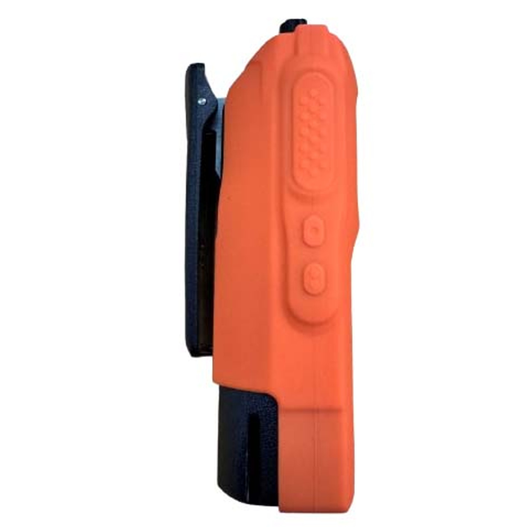 Side view of the RadioGrips® Orange Silicone Carry Case for Motorola R2, showing the precise cutouts for buttons and secure fit.