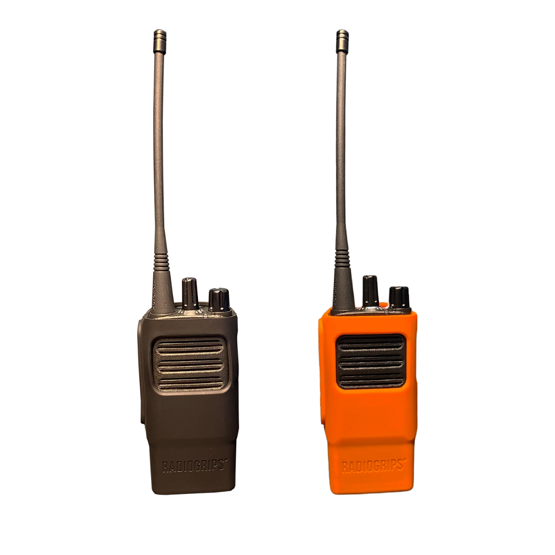 Side-by-side view of the RadioGrips® Silicone Carry Case for Motorola CP100D, available in black for tactical use and orange for high-visibility safety.