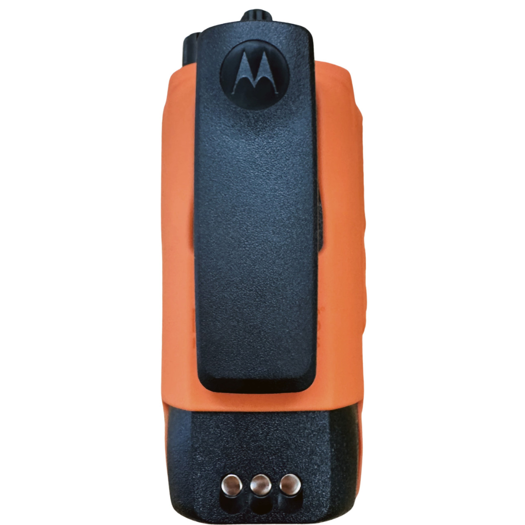 Back view of the RadioGrips® Silicone Carry Case, highlighting the belt clip compatibility and reinforced design.