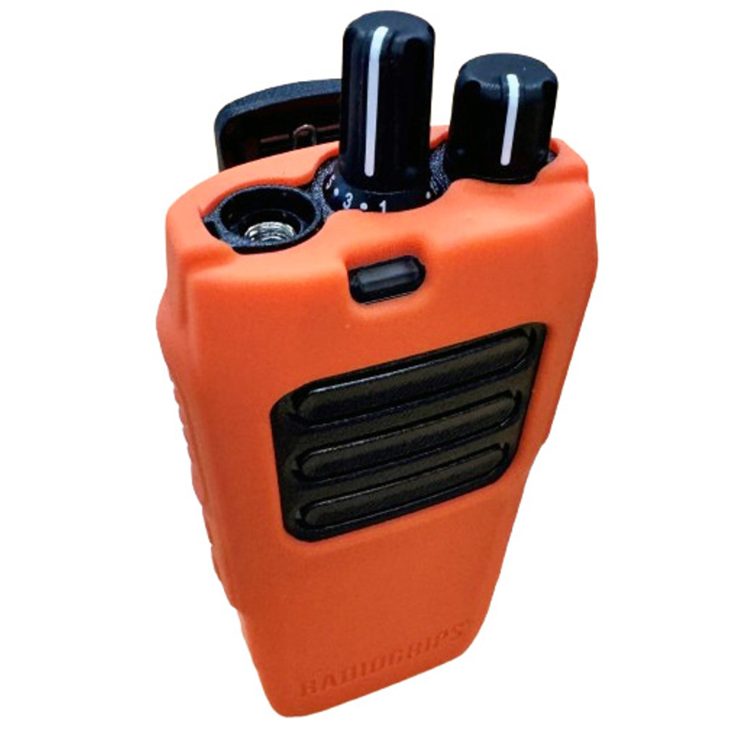 Full front view of the RadioGrips® Silicone Carry Case for Motorola R2, showcasing the reinforced speaker cutouts and impact-resistant material.