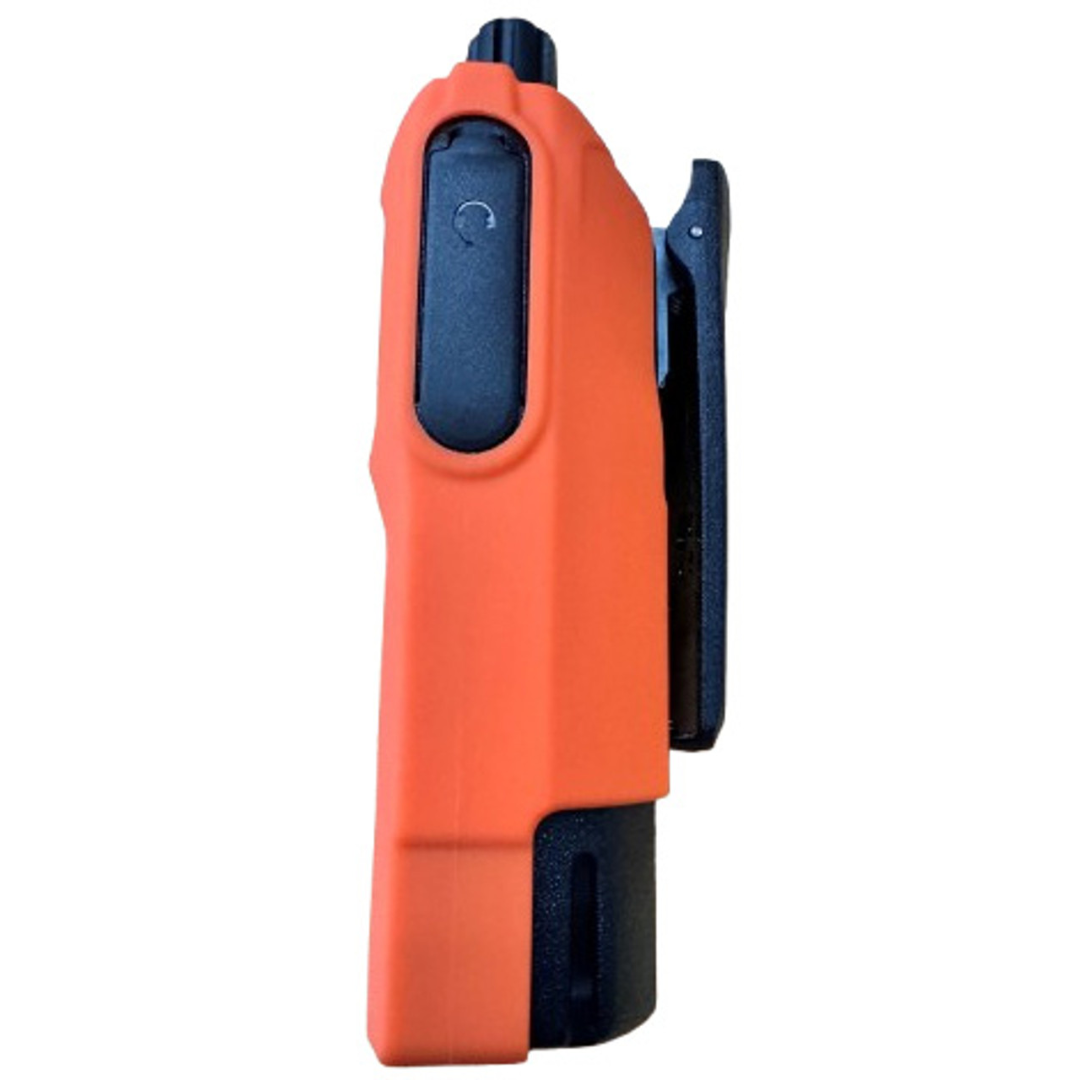 Left side view of the RadioGrips® Silicone Carry Case for Motorola R2, showing button protection and ergonomic design.