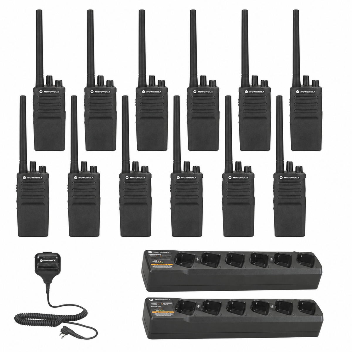 Motorola RMV2080 twelve-radio bundle with two multi-unit chargers and speaker microphone