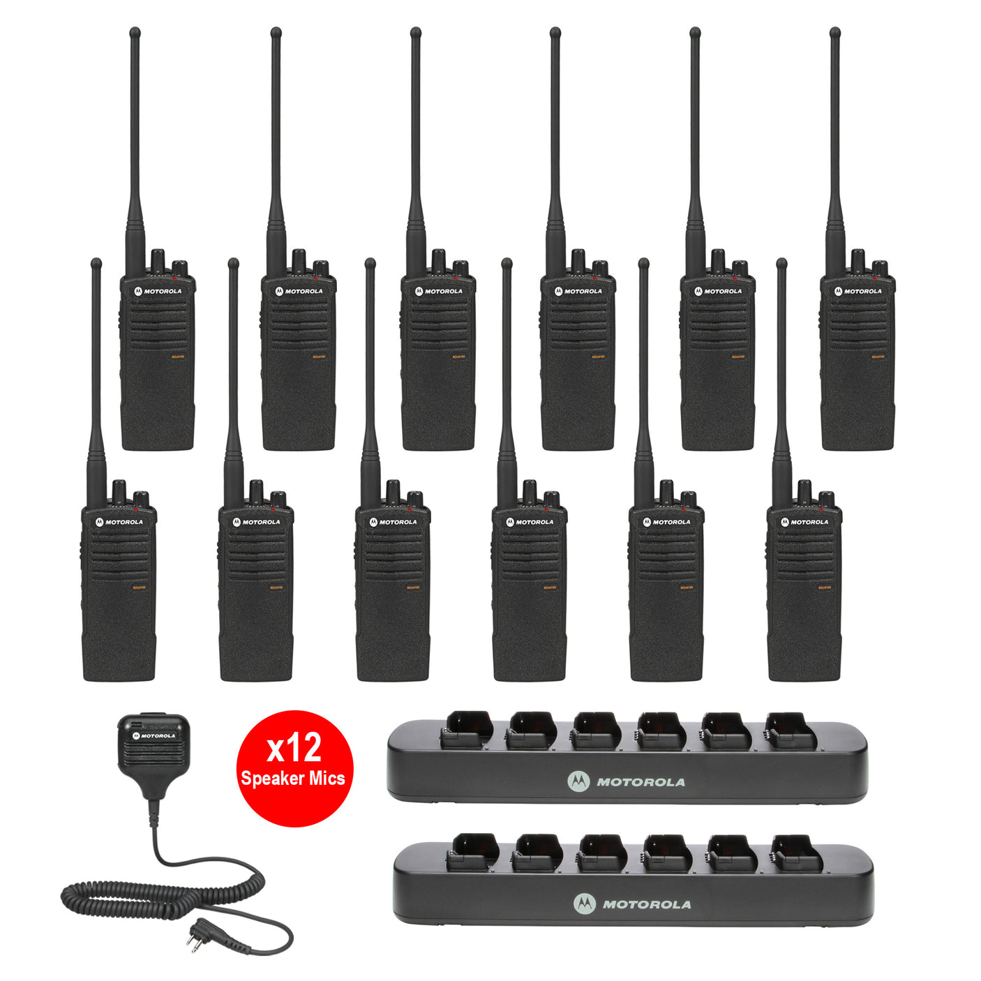Motorola RDU4100 12 Pack Bundle with Multi Unit Chargers and Speaker Microphones – 12-pack