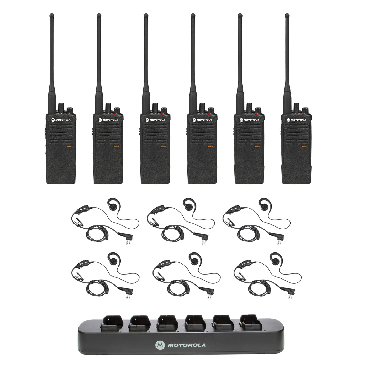 Motorola RDU4100 6 Pack Bundle with Multi Unit Charger and Headsets – 6-pack