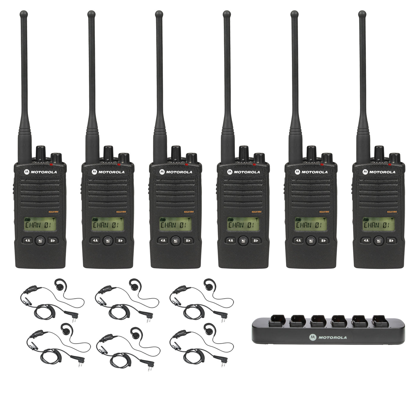 Motorola RDU4160D 6 pack with Multi Unit Charger and headsets – 6-pack bundle
