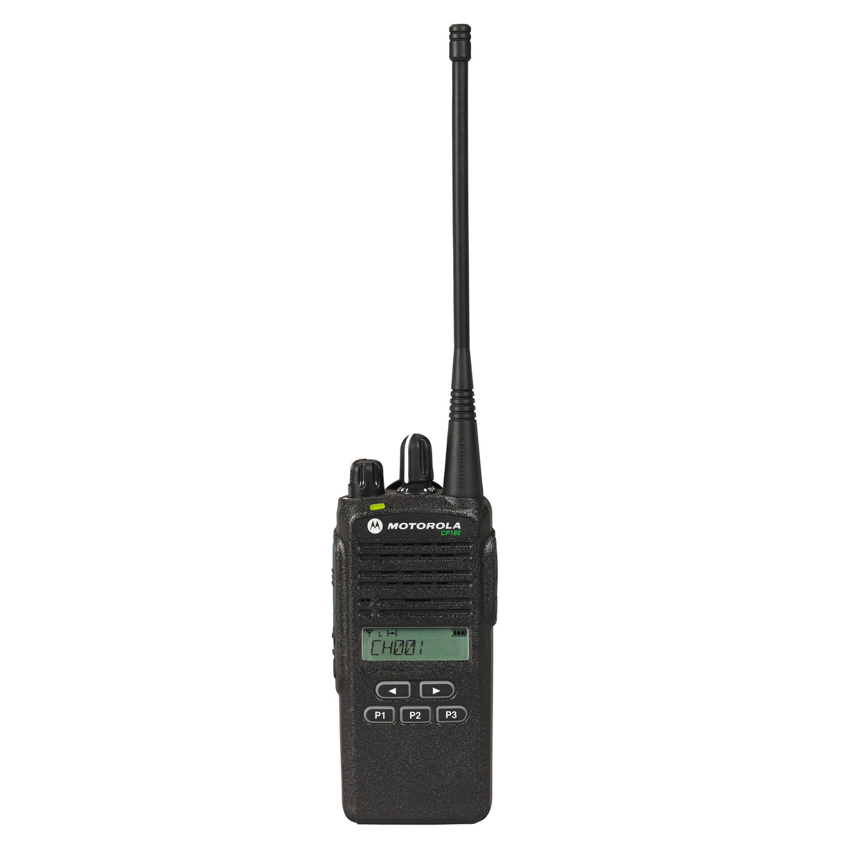 Motorola CP185 business radio with 16 channels, UHF or VHF options, and durable design for commercial communication.