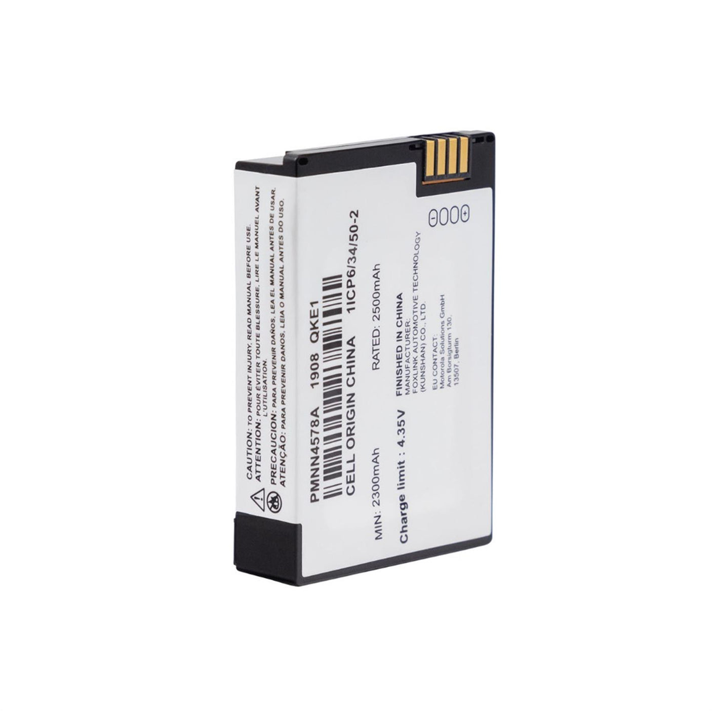 Motorola PMNN4578 Li-ion 2100mAh battery for TLK110 and DTR700 two-way radios, compact design with gold contact terminals.