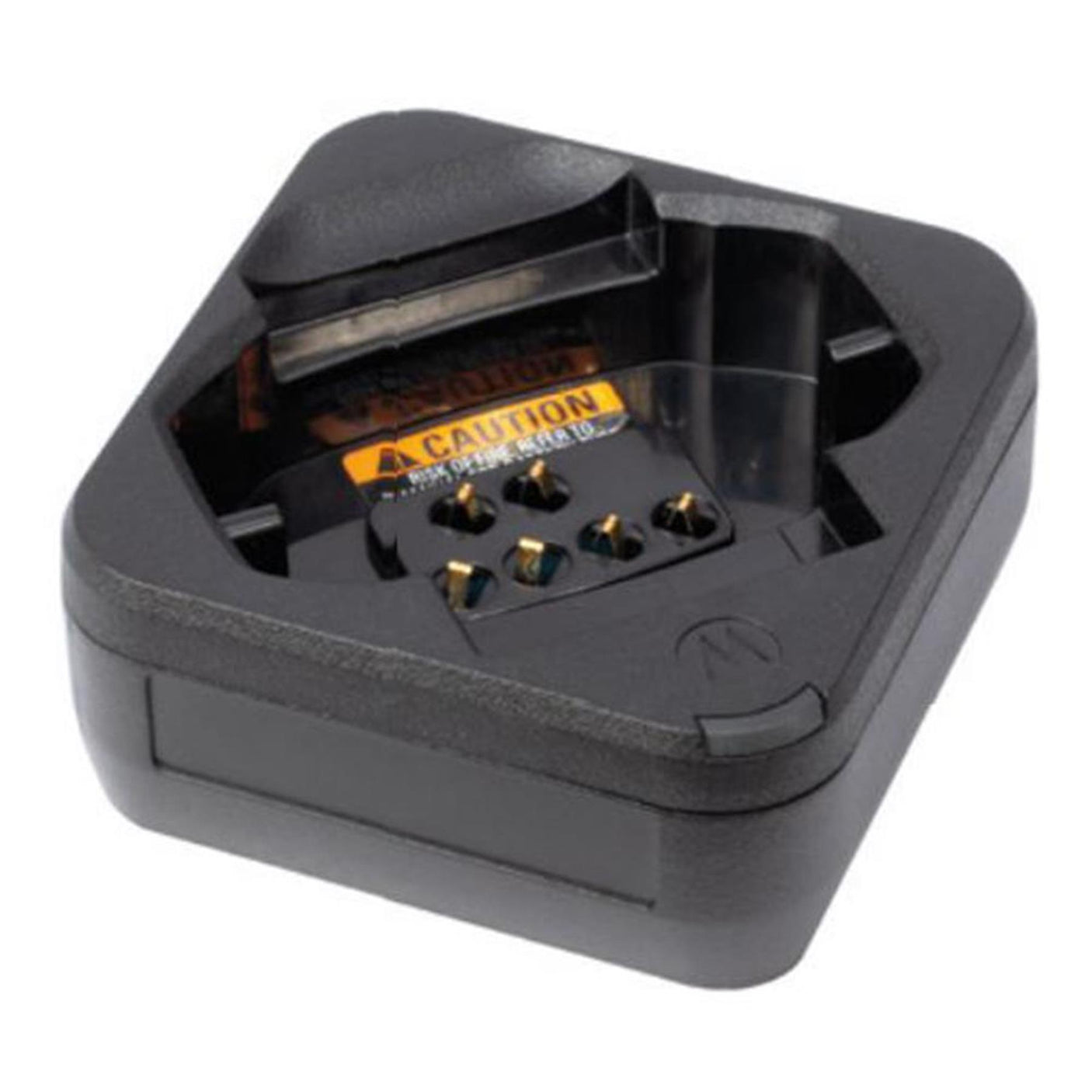 Motorola PMPN4469 single unit desktop charger for DTR600 and DTR700 digital radios with caution label and contact pins.