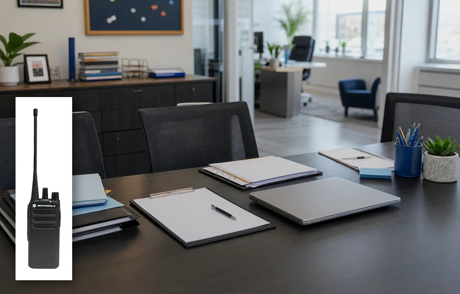 School administration licensing workspace with a genuine Motorola CP100d radio