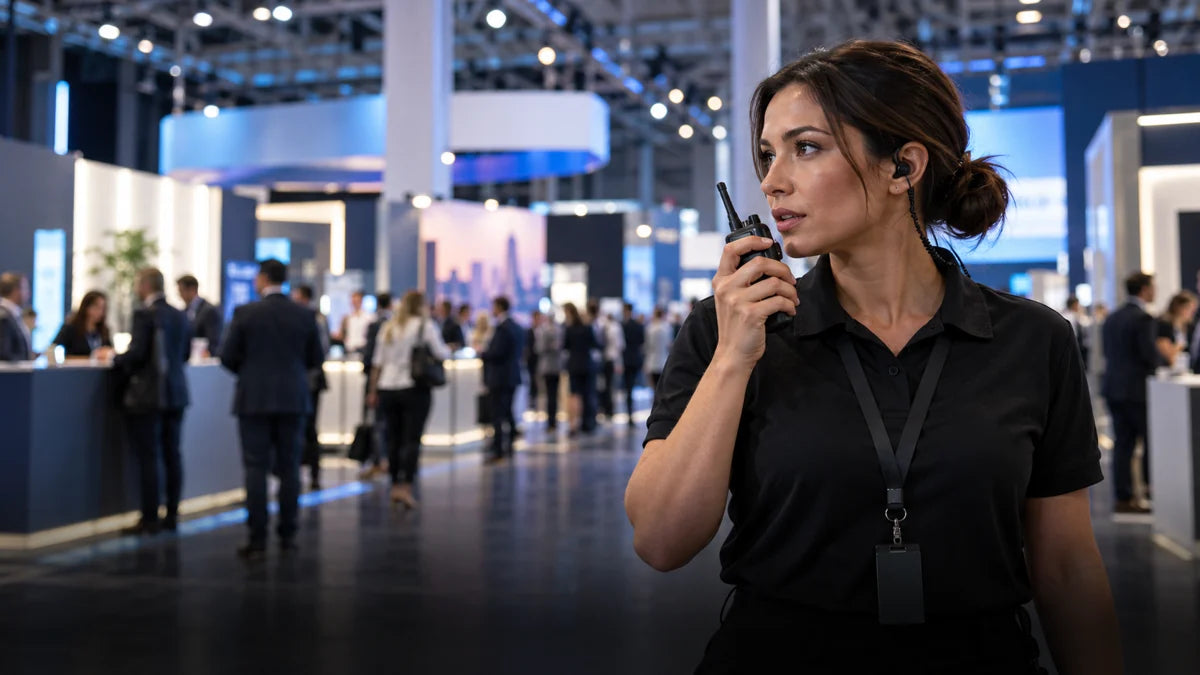 An event coordinator using a radio on a convention floor