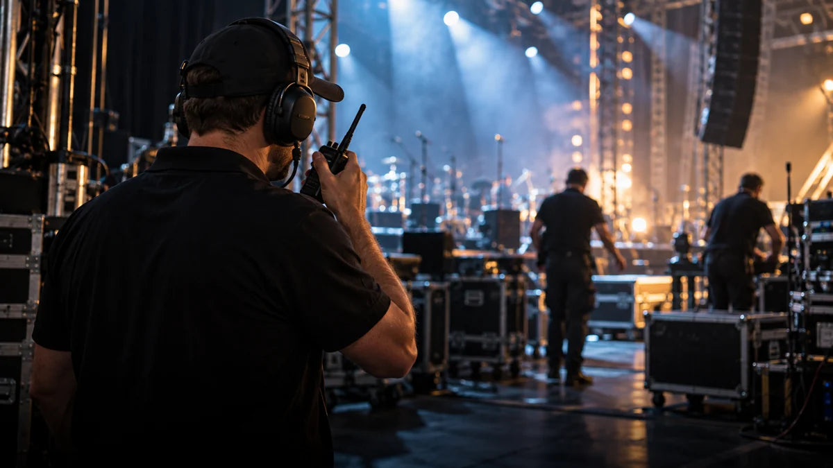 A production crew member coordinating a live event by radio backstage