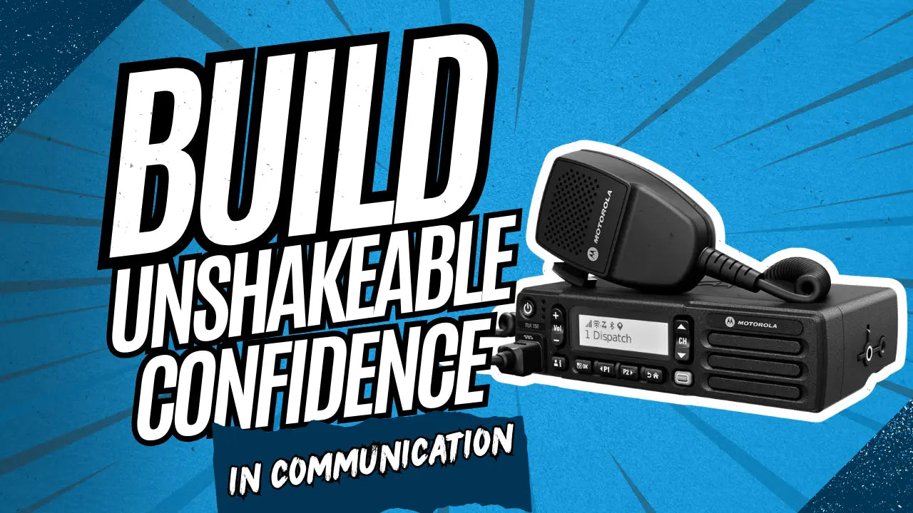 Motorola mobile two-way radio with text overlay 'Build Unshakeable Confidence in Communication,' emphasizing the reliability, durability, and efficiency of mobile radios for business and commercial applications.