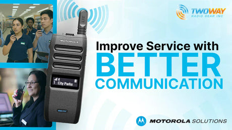 Lineup of Motorola business two-way radios with coverage and feature highlights, representing models that may or may not require FCC licensing.