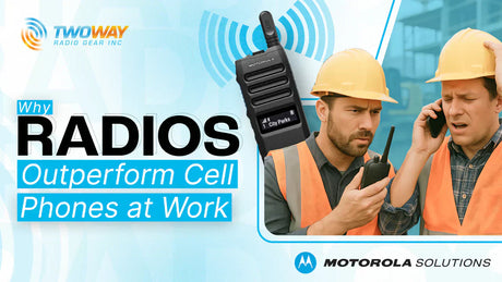 Motorola TLK110, CURVE, and R2 two-way radios side-by-side with background of retail and construction workers, highlighting business communication options.